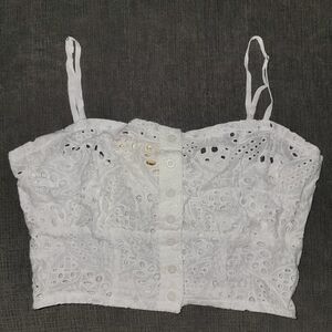 Rebellion Women's White Eyelet Button-Front Crop Top Size Medium